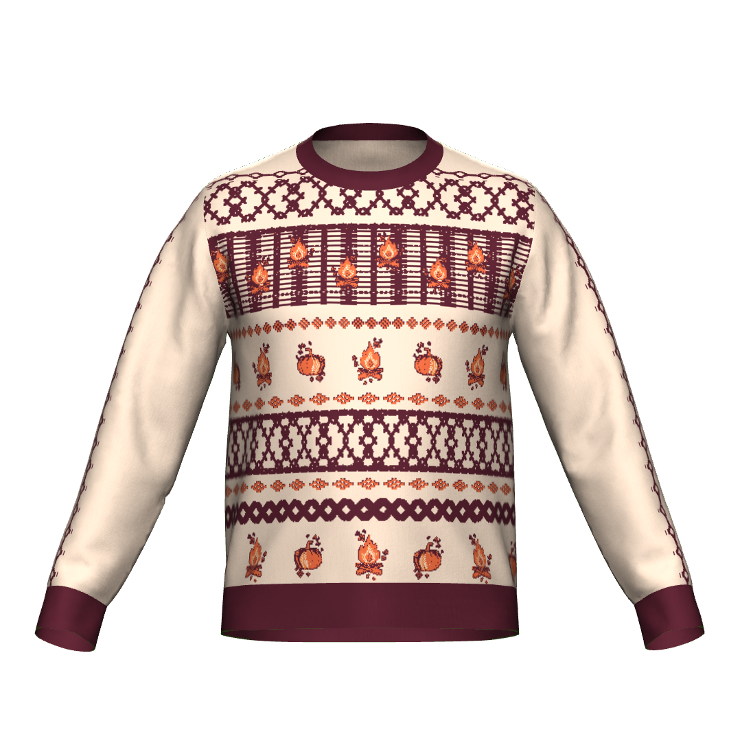 Cozy up in style with this retro-inspired sweater! Featuring charming fall-themed patterns of bonfires and pumpkins in rich, autumnal colors, this sweater is perfect for cool-weather vibes. Whether you’re sipping cider or roasting marshmallows, this quirky design brings all the warmth and personality your wardrobe needs.