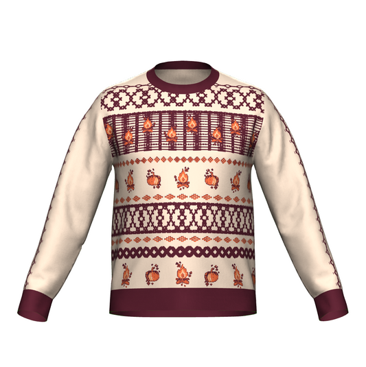 Cozy up in style with this retro-inspired sweater! Featuring charming fall-themed patterns of bonfires and pumpkins in rich, autumnal colors, this sweater is perfect for cool-weather vibes. Whether you’re sipping cider or roasting marshmallows, this quirky design brings all the warmth and personality your wardrobe needs.